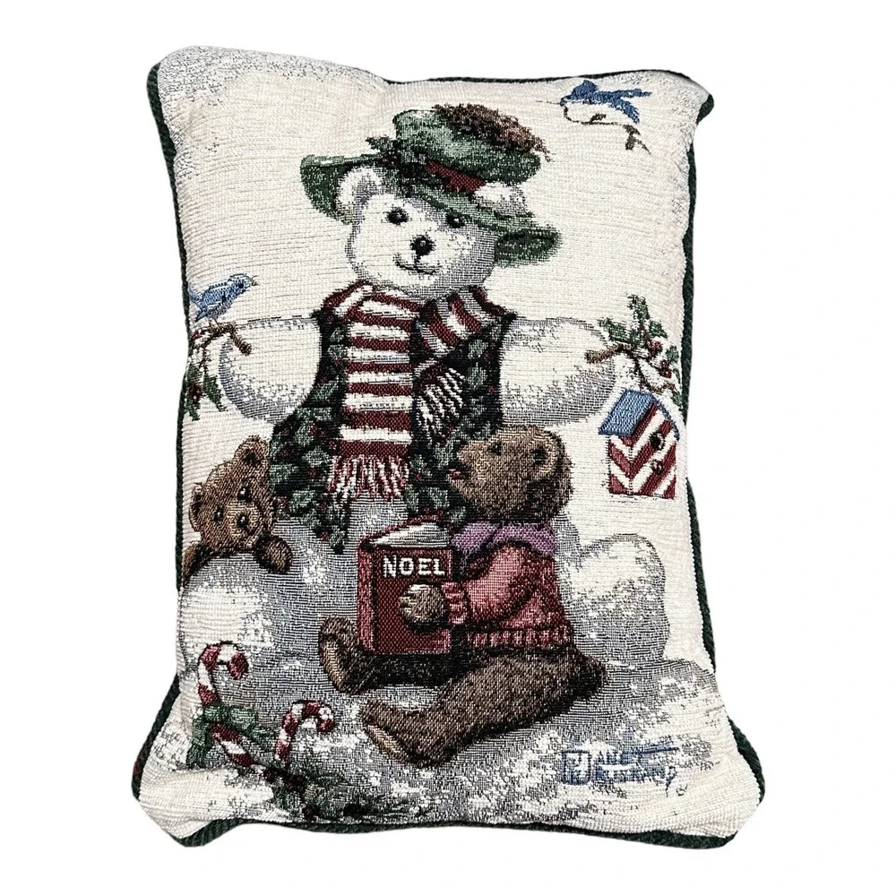 Tapestry‎ Accent Pillow 16 x 12 Snowman Bear Artist Kruskamp Janet Green Backing